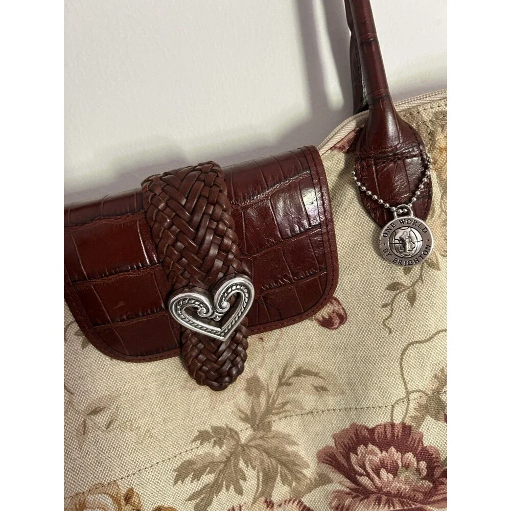 Brighton Floral Tapestry Tote Bag Brown Leather Croc Heart Charm Shoulder Purse